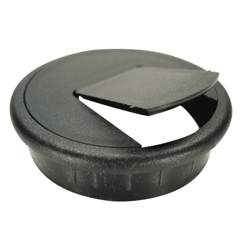 Black 2-Piece Cable Grommet - Hardware Concepts Inc. 6640 - Round Shape, Pivot Hinge Hole for Wire, 2-1/2" Bore Hole Diameter, Overlapping Trim Edge