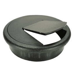 Black 2-Piece Cable Grommet - Hardware Concepts Inc. 6640 - Round Shape, Pivot Hinge Hole for Wire, 2-1/2" Bore Hole Diameter, Overlapping Trim Edge