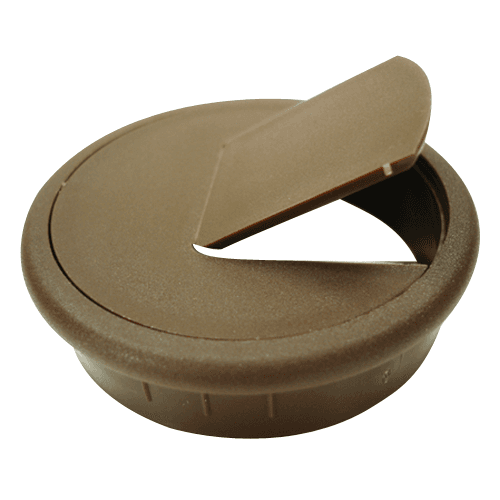Brown round cable grommet with pivot hinge for wire