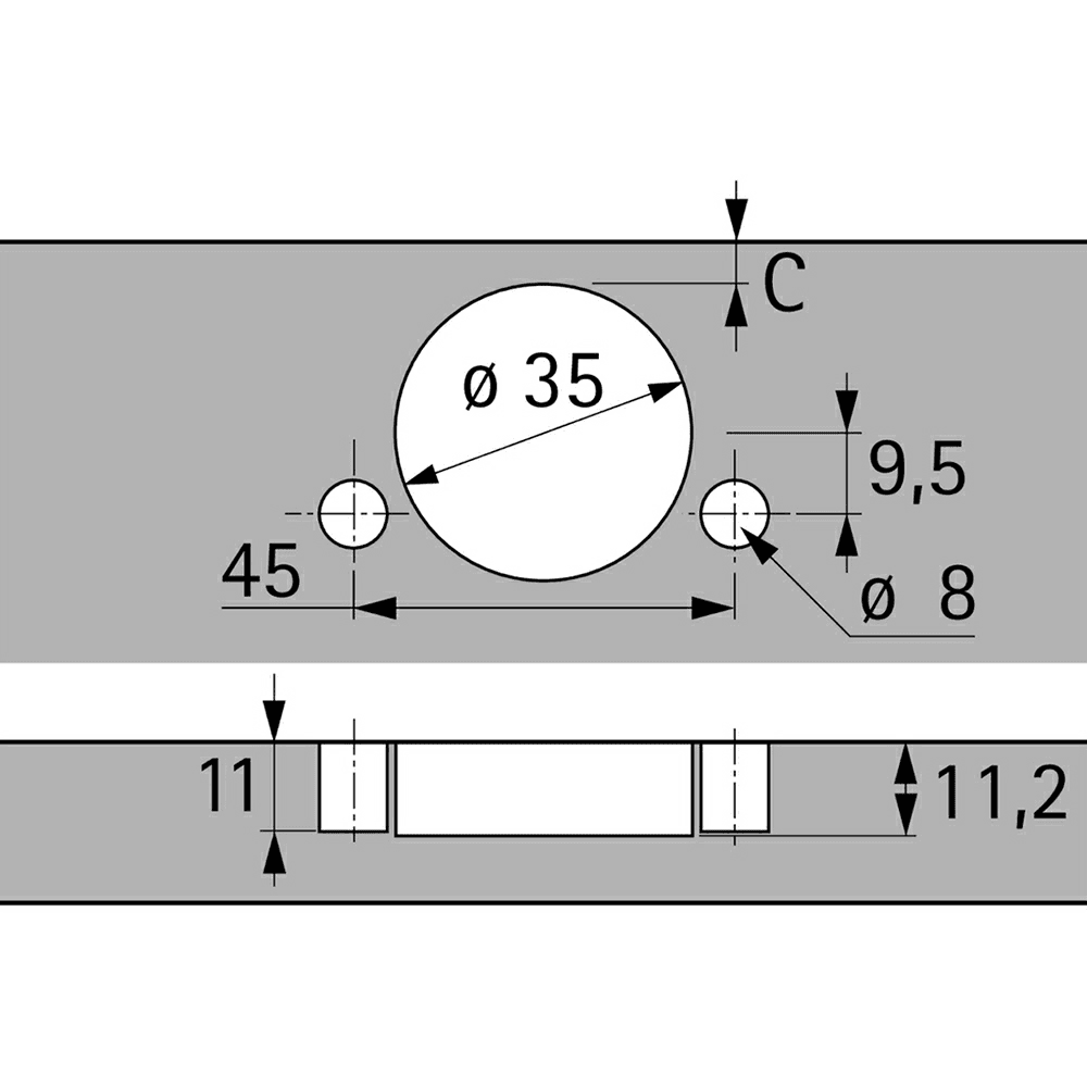 Intermat 9936 95&#730; Opening Thick Door Hinge, 45mm Bore Pattern, Self-Closing, Half Overlay, Nickel-Plated, Dowelled - Alt Image 1