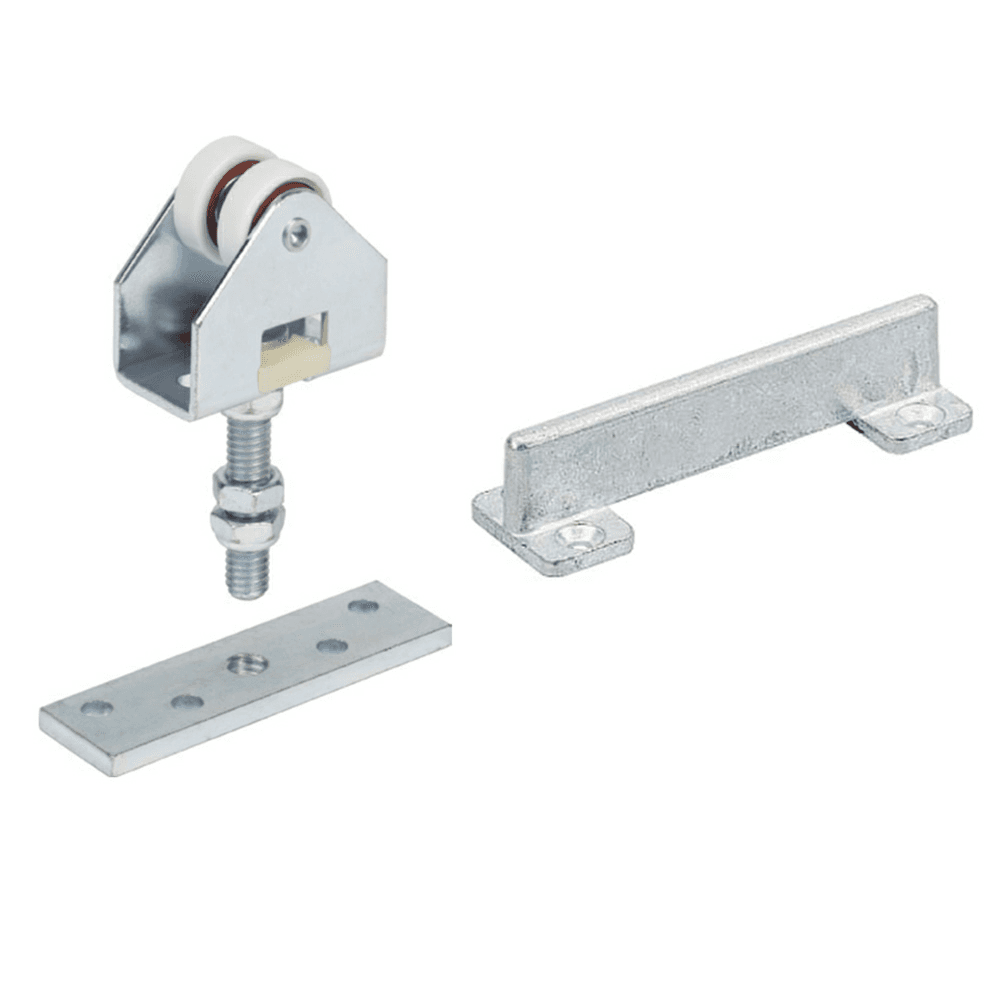 Complete sliding door hardware set with 2 runners, mounting plates, and bottom guide