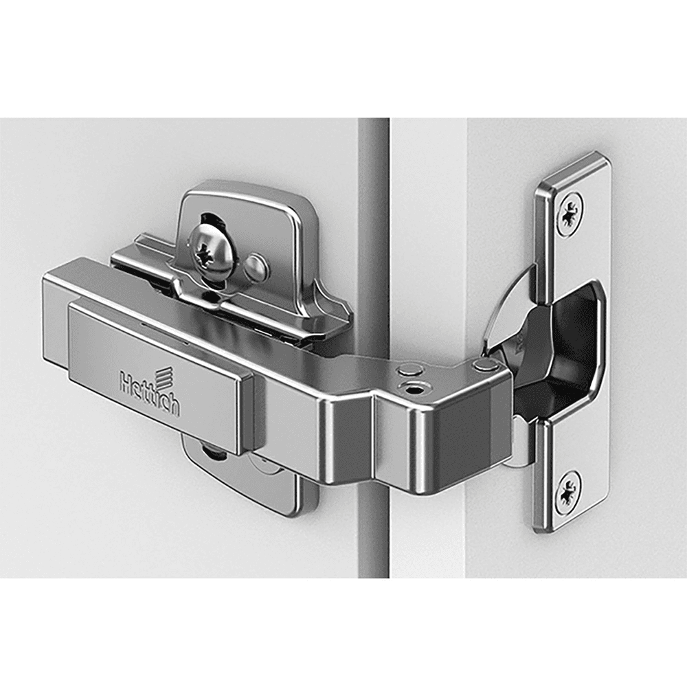 Intermat 9936 W90 95&#730; Opening Hinge, 45mm Bore Pattern, Self-Closing, Overlay, Nickel-Plated, Screw-On - Alt Image 1