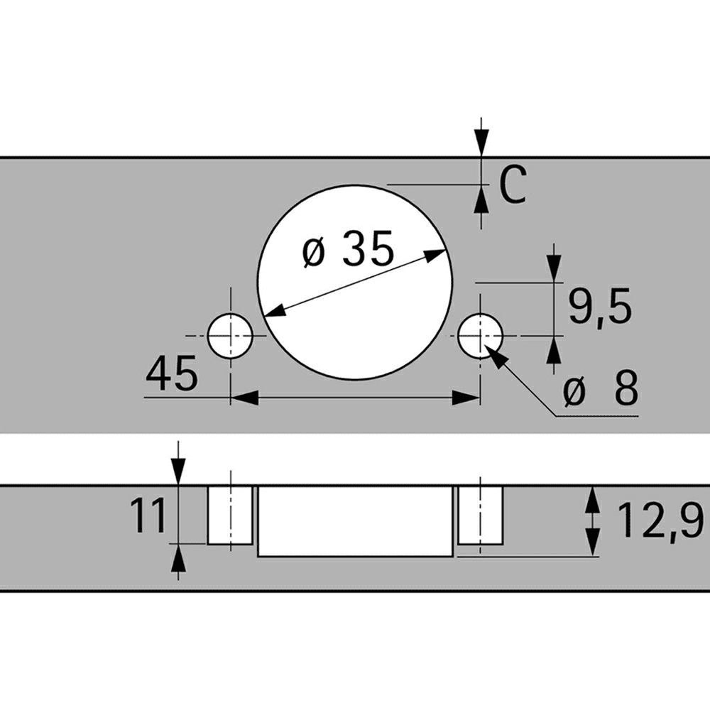Sensys 8657 165&#730; Opening Zero Protrusion Hinge, 45mm Bore Pattern, Self-Closing, Half Overlay, Nickel-Plated, Dowelled - Alt Image 1