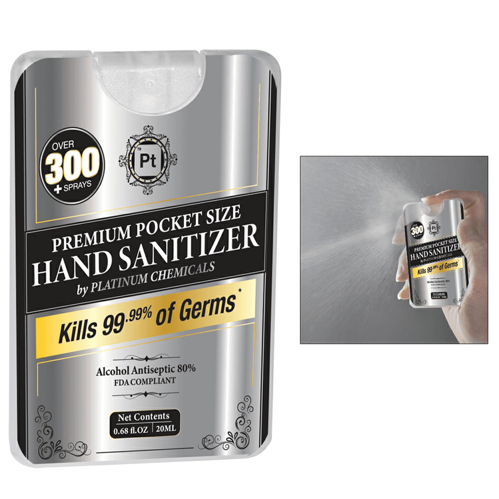 Ppe Products Anti-Bacterial Pocket Sanitizer Liquid - 20ml credit card size with 80% ethyl alcohol antiseptic, FDA approved, 300+ sprays, non-refillable.