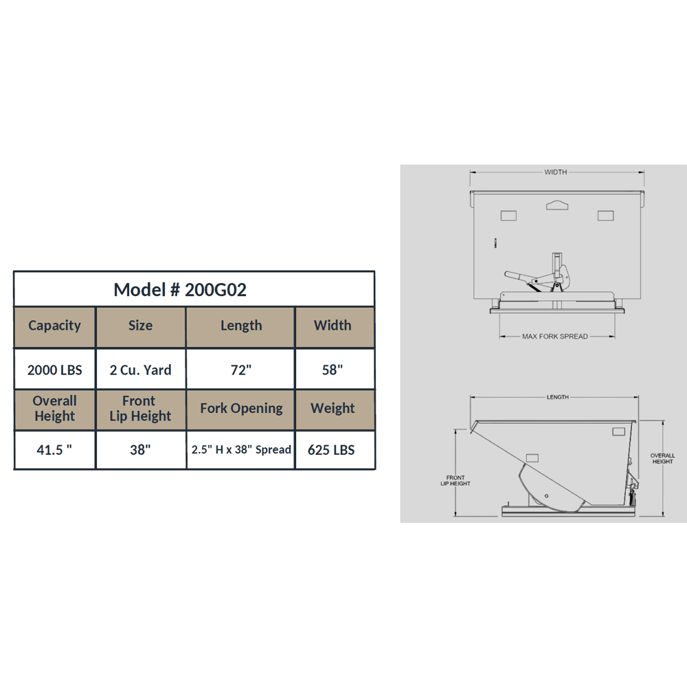 Iron Bull 2 Yard Self-Dumping Hopper Model 200G02QS Specifications