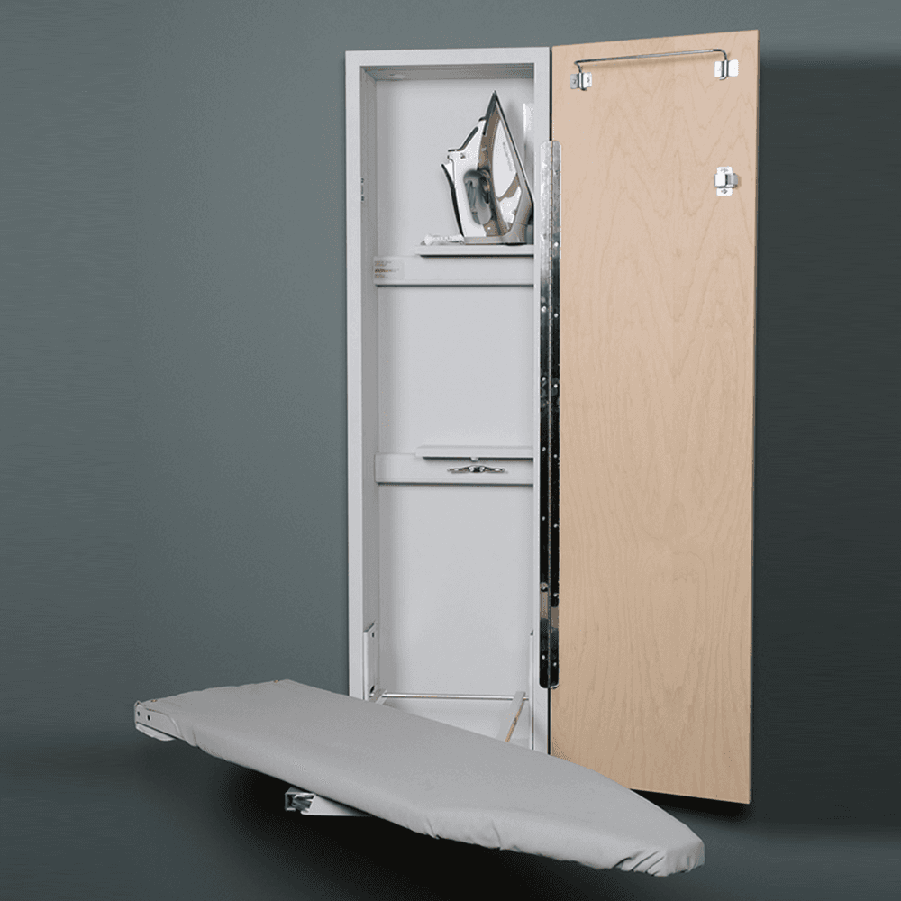 Iron-A-Way Built-in Ironing Center with Hot Iron Storage, Garment Bar, and Full Length Piano Hinge