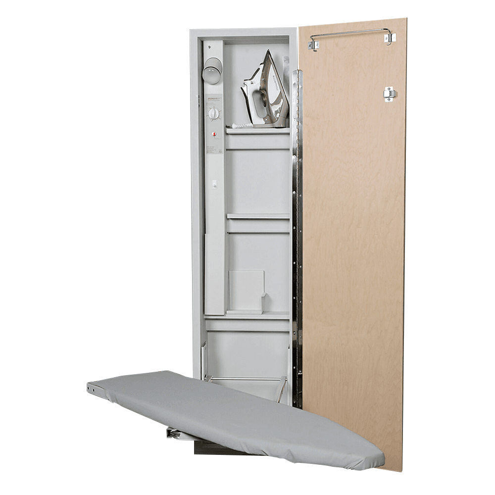Iron-A-Way 15" Flush Maple Veneer Door Non-Electric Ironing Center with 46" Swiveling Board, Unfinished - Adjustable Swivel