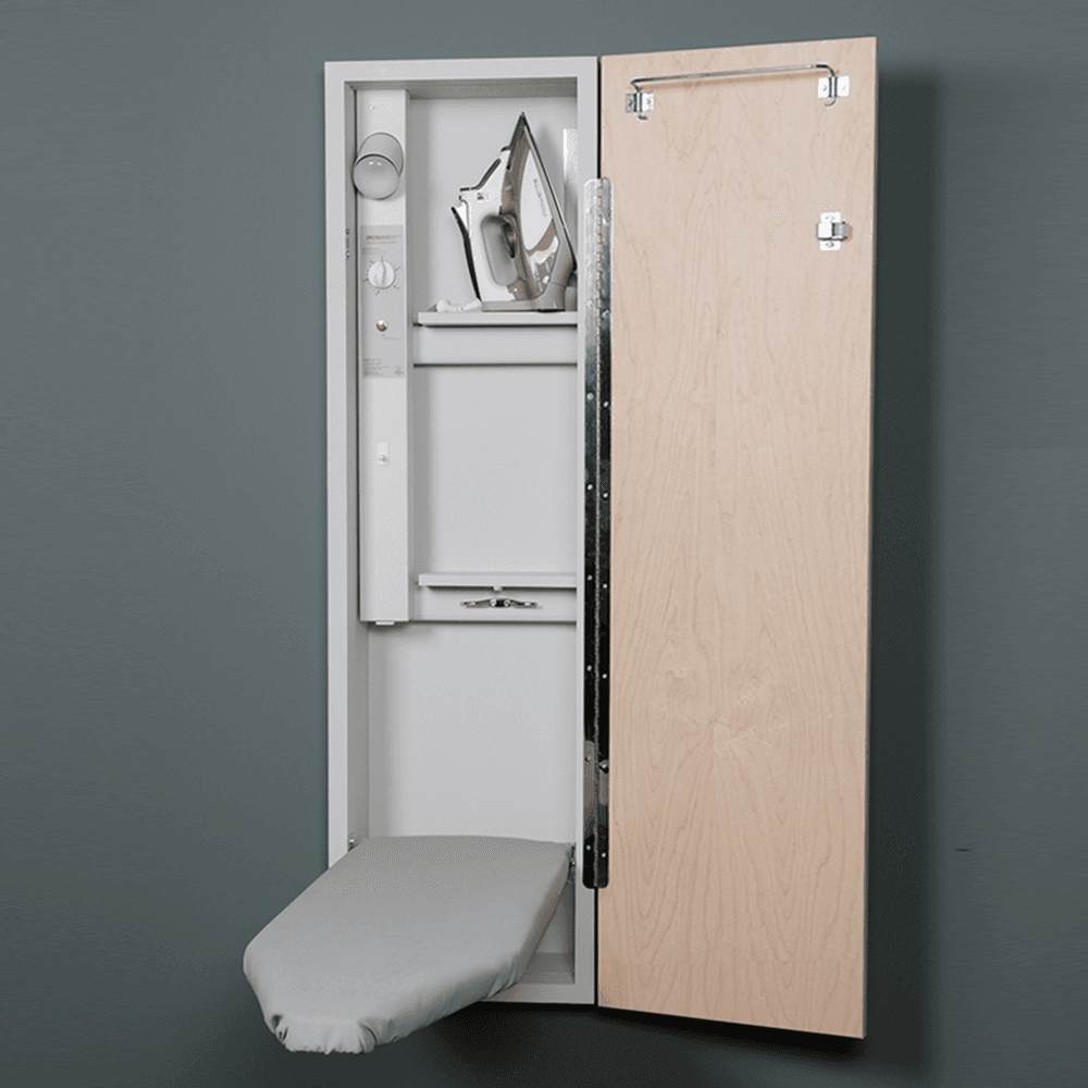 Iron-A-Way built-in ironing center with hot iron storage, UL listed and full length piano hinge