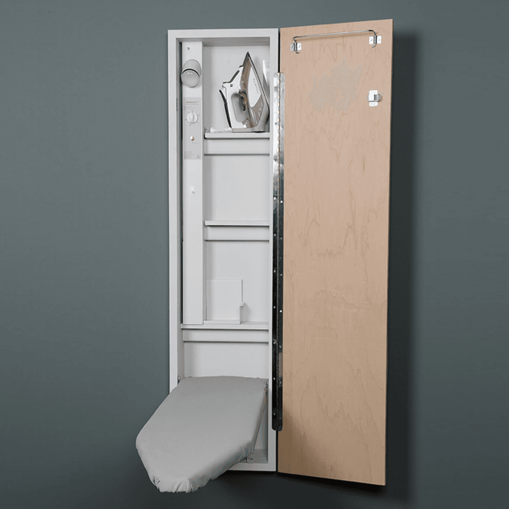 Iron-A-Way built-in ironing center with hot iron storage, garment bar, and 60 Minute motor timer