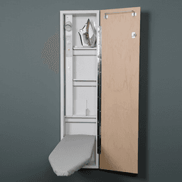Iron-A-Way built-in ironing center with hot iron storage, garment bar, and 60 Minute motor timer