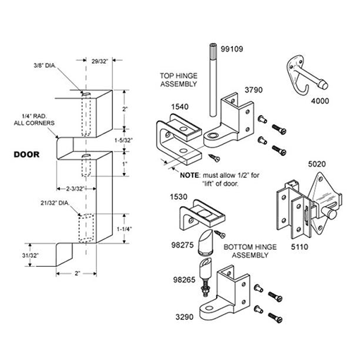 Complete door hardware kit with door hook and screw pack for in-swing partition doors