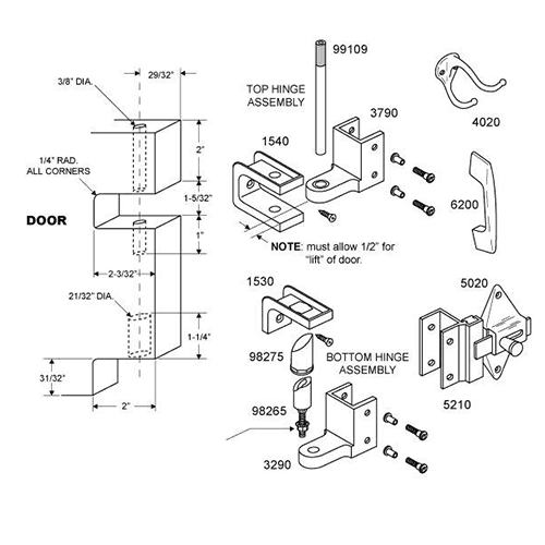 Mortise Hinges for 1-1/4" Partitions with 110&#730; Opening - Complete Hardware Kit for One Door