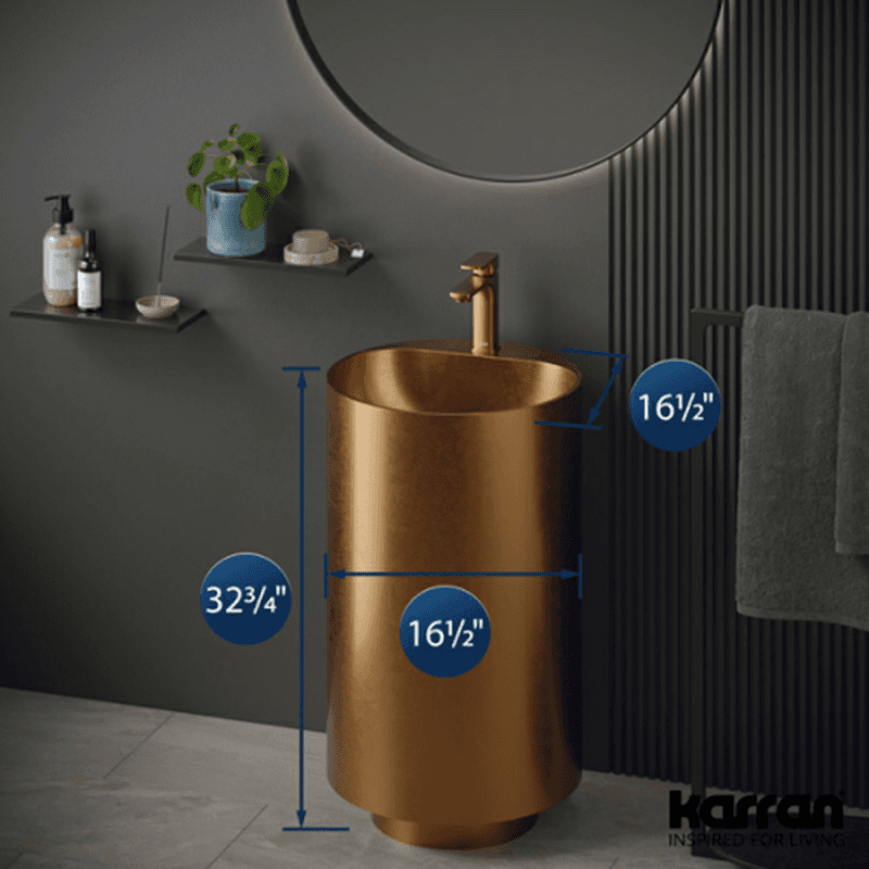 Cinox CCP400 Stainless Steel Free-Standing Sleek Round Pedestal Sink, 16-1/2" x 16-1/2" x 32-5/8", Brushed Copper Alt 3 - Image