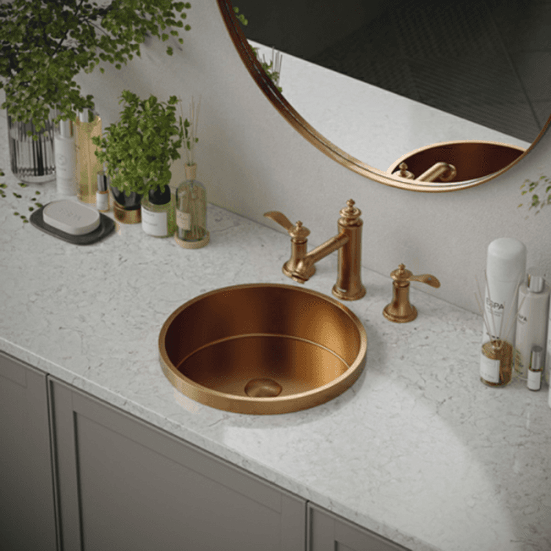 Cinox Stainless Steel Drop-In Round Bathroom Sink, 15" x 15" x 4-3/4", Brushed Copper Alt 2 - Image