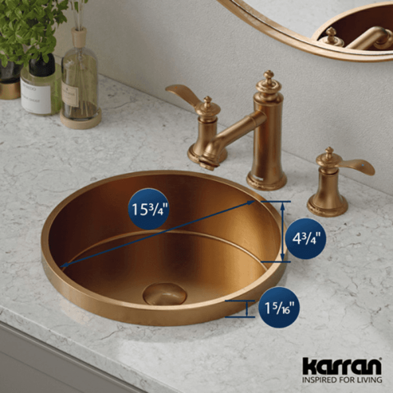 Cinox Stainless Steel Drop-In Round Bathroom Sink, 15" x 15" x 4-3/4", Brushed Copper Alt 3 - Image