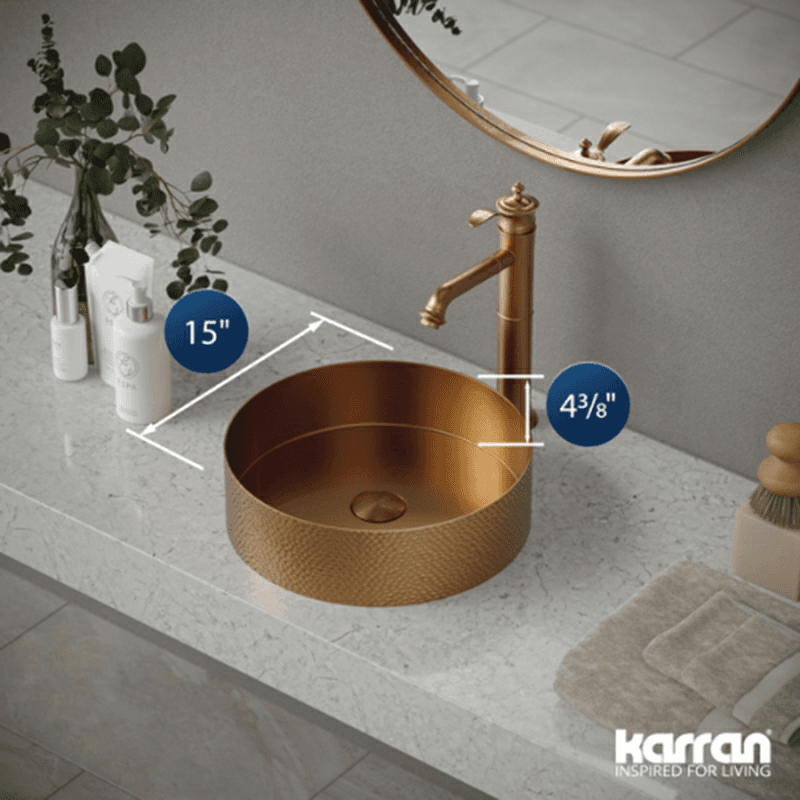 Cinox Stainless Steel Round Vessel Bathroom Sink, 15" x 15" x 4-3/8", Brushed Copper Alt 3 - Image