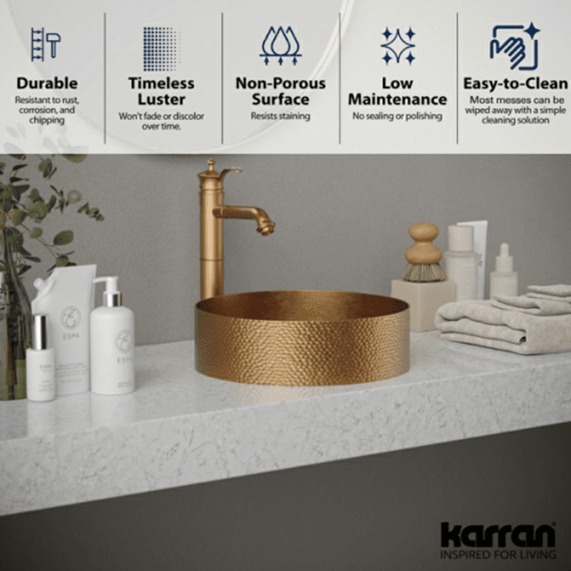 Cinox Stainless Steel Round Vessel Bathroom Sink, 15" x 15" x 4-3/8", Brushed Copper Alt 4 - Image