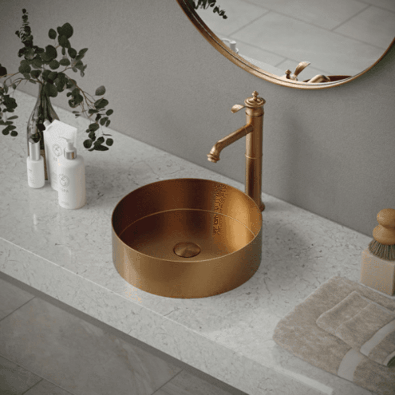 Cinox Stainless Steel Round Vessel Bathroom Sink, 14-1/8" x 14-1/8" x 4-3/8", Brushed Copper Alt 2 - Image