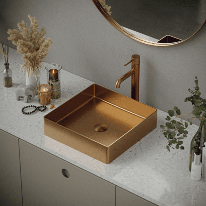 Cinox Stainless Steel Square Vessel Bathroom Sink, 15-3/4" x 15-3/4" x 3-7/8", Brushed Copper Alt 1 - Image