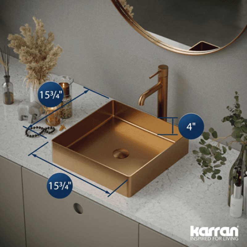 Cinox Stainless Steel Square Vessel Bathroom Sink, 15-3/4" x 15-3/4" x 3-7/8", Brushed Copper Alt 3 - Image