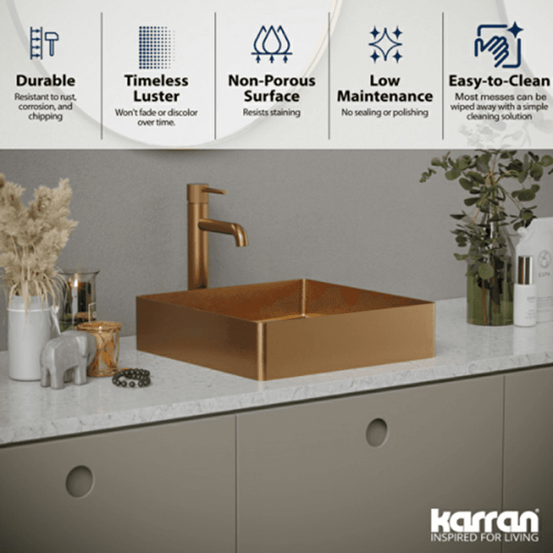 Cinox Stainless Steel Square Vessel Bathroom Sink, 15-3/4" x 15-3/4" x 3-7/8", Brushed Copper Alt 4 - Image