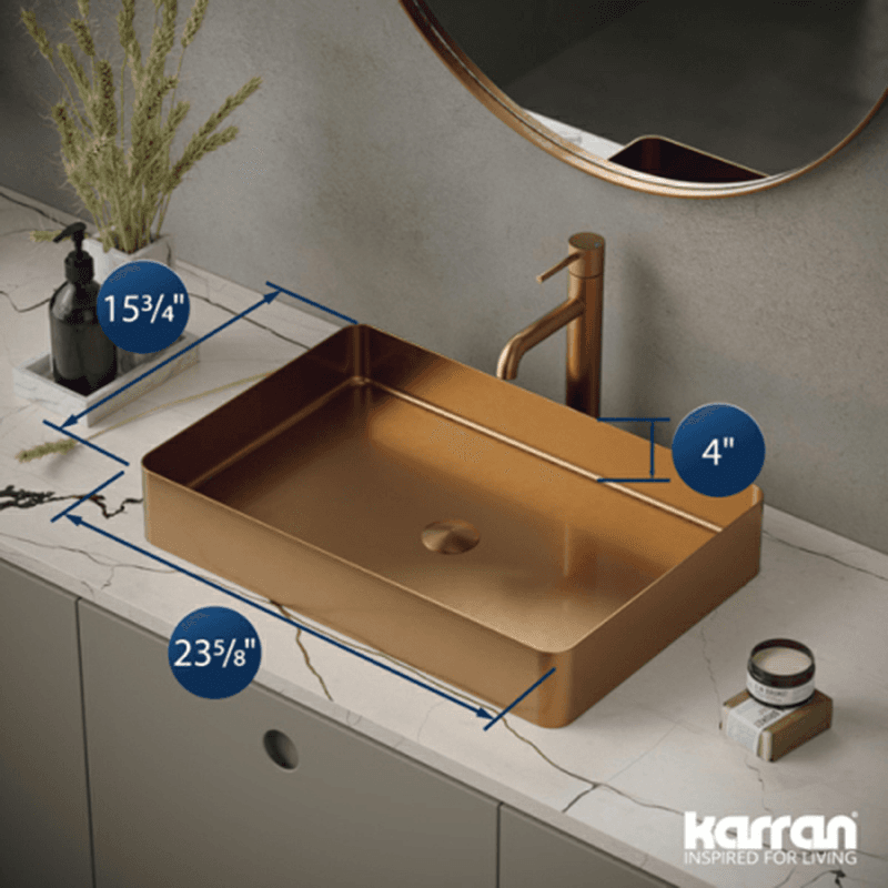 Cinox Stainless Steel Rectangular Vessel Bathroom Sink, 23-5/8" x 15-3/4" x 3-7/8", Brushed Copper Alt 3 - Image