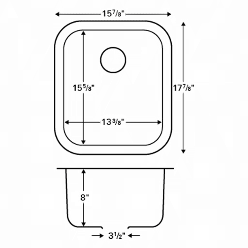 Seamless Undermount Sink for Laminate and Solid Surface with 18 Gauge Single Bowl and 15-7/8" x 17-7/8" x 8 Size