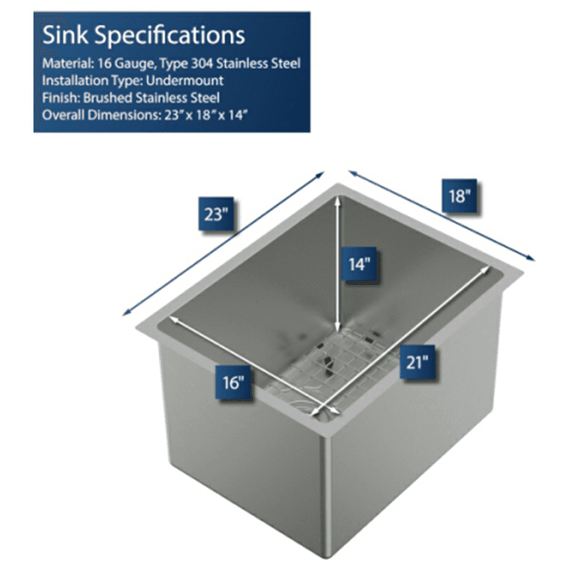 Elite Stainless Steel Undermount 16G Single Bowl Kitchen Sink Kit, 23" x 18" x 14" Alt 2 - Image
