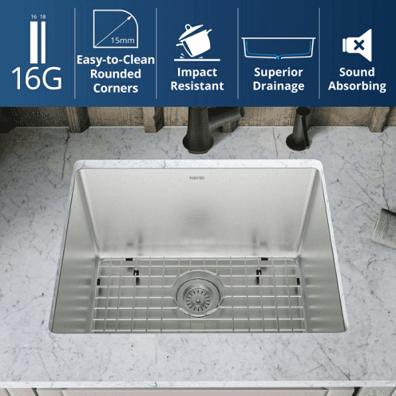 Elite Stainless Steel Undermount 16G Single Bowl Kitchen Sink Kit, 23" x 18" x 14" Alt 4 - Image