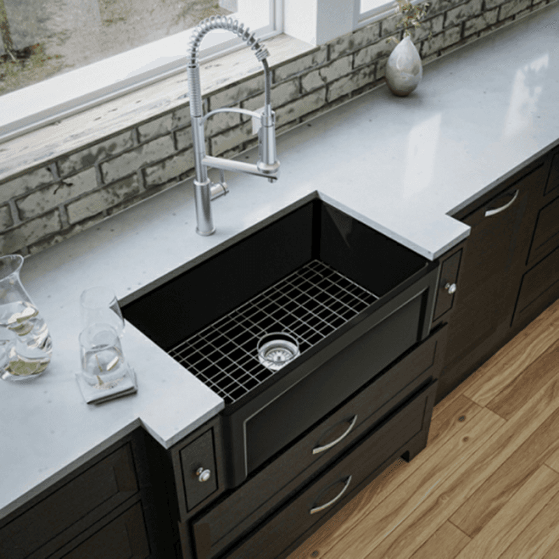 Fireclay Single Bowl Panel Front Farmhouse Kitchen Sink Kit with Reversible Apron Front, 30" x 18" x 10", Matte Black Alt 1 - Image