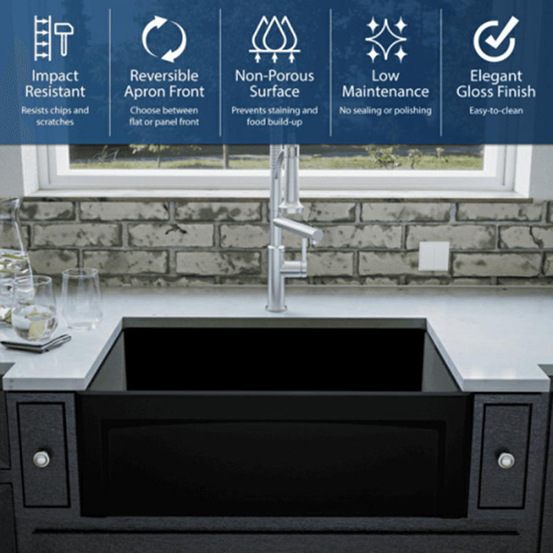 Fireclay Single Bowl Panel Front Farmhouse Kitchen Sink Kit with Reversible Apron Front, 30" x 18" x 10", Matte Black Alt 3 - Image