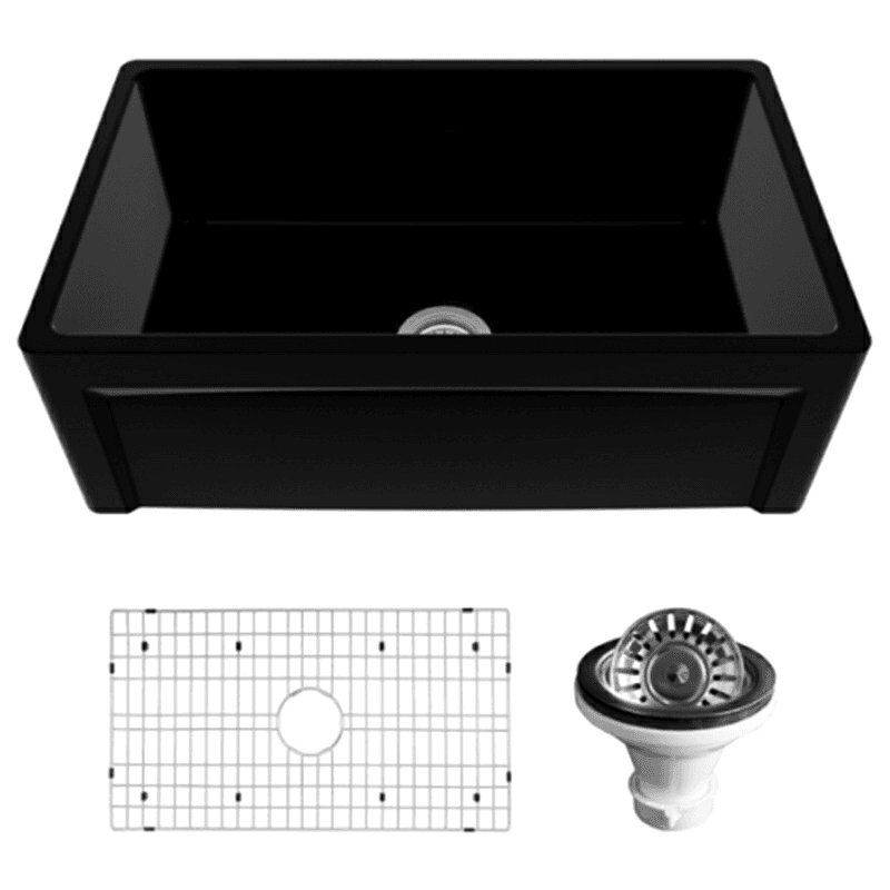 Fireclay Single Bowl Panel Front Farmhouse Kitchen Sink Kit with Reversible Apron Front, 30" x 18" x 10", Matte Black Main - Image