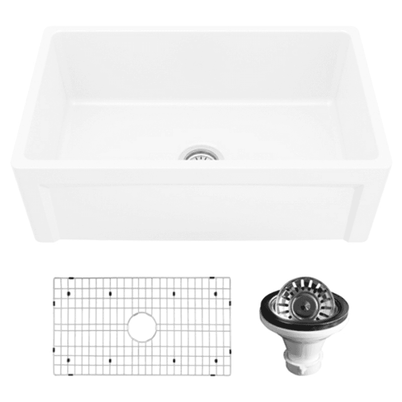 Fireclay Single Bowl Panel Front Farmhouse Kitchen Sink Kit with Reversible Apron Front, 30" x 18" x 10", White Main - Image