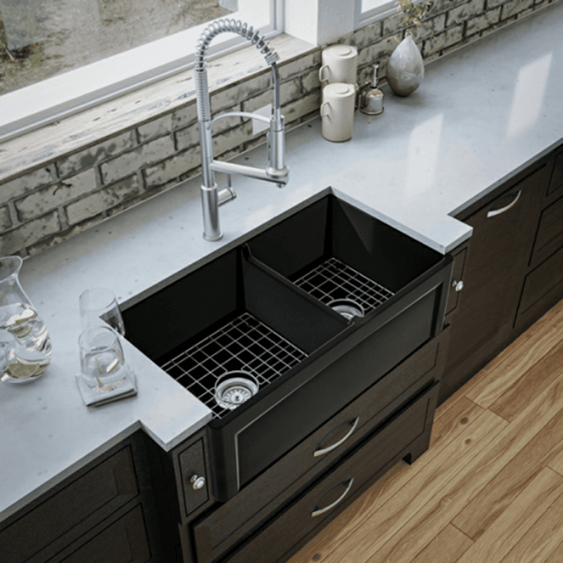 Fireclay Double Bowl Panel Front Farmhouse Kitchen Sink Kit with Reversible Apron Front, 33" x 18" x 10", Matte Black Alt 1 - Image
