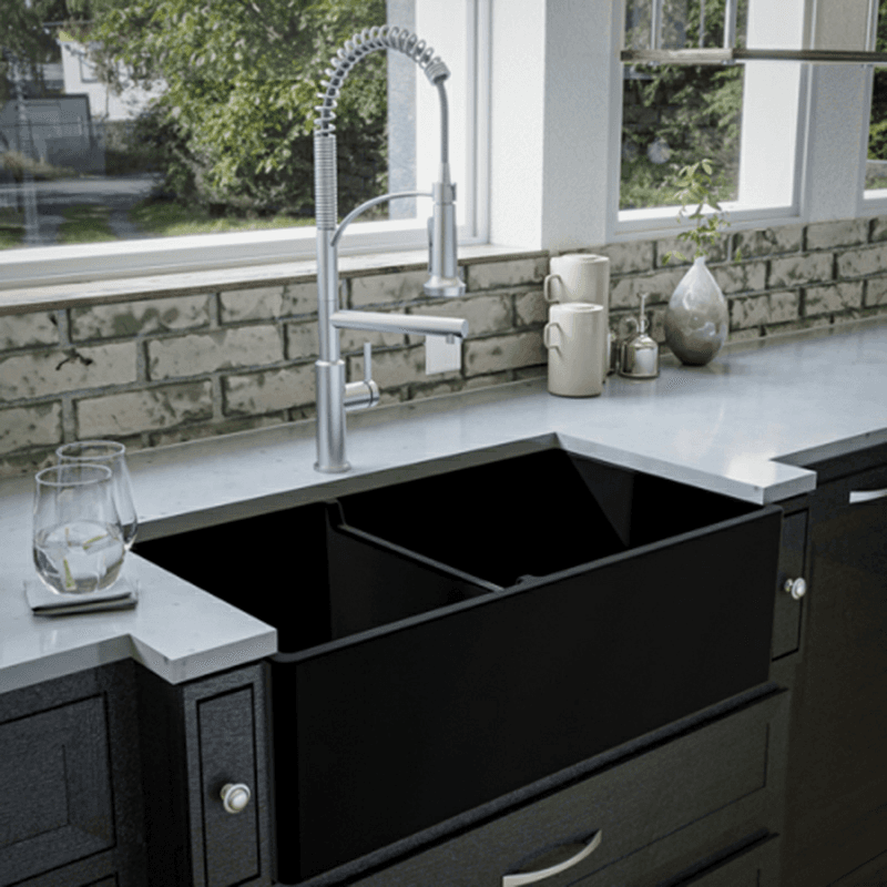 Fireclay Double Bowl Panel Front Farmhouse Kitchen Sink Kit with Reversible Apron Front, 33" x 18" x 10", Matte Black Alt 2 - Image
