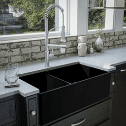 Fireclay Double Bowl Panel Front Farmhouse Kitchen Sink Kit with Reversible Apron Front, 33" x 18" x 10", Matte Black Alt 2 - Image