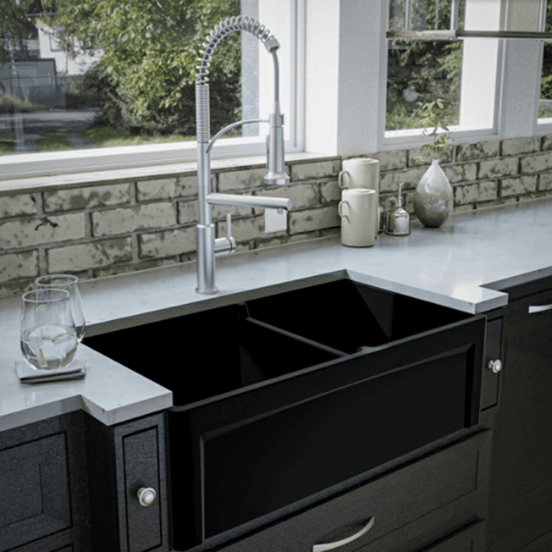 Fireclay Double Bowl Panel Front Farmhouse Kitchen Sink Kit with Reversible Apron Front, 33" x 18" x 10", Matte Black Alt 4 - Image