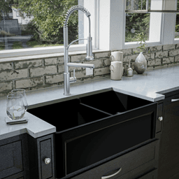 Fireclay Double Bowl Panel Front Farmhouse Kitchen Sink Kit with Reversible Apron Front, 33" x 18" x 10", Matte Black Alt 4 - Image