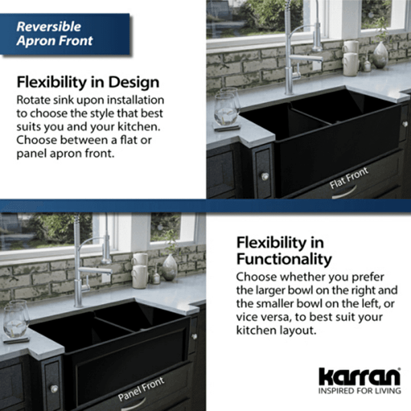 Fireclay Double Bowl Panel Front Farmhouse Kitchen Sink Kit with Reversible Apron Front, 33" x 18" x 10", Matte Black Alt 9 - Image