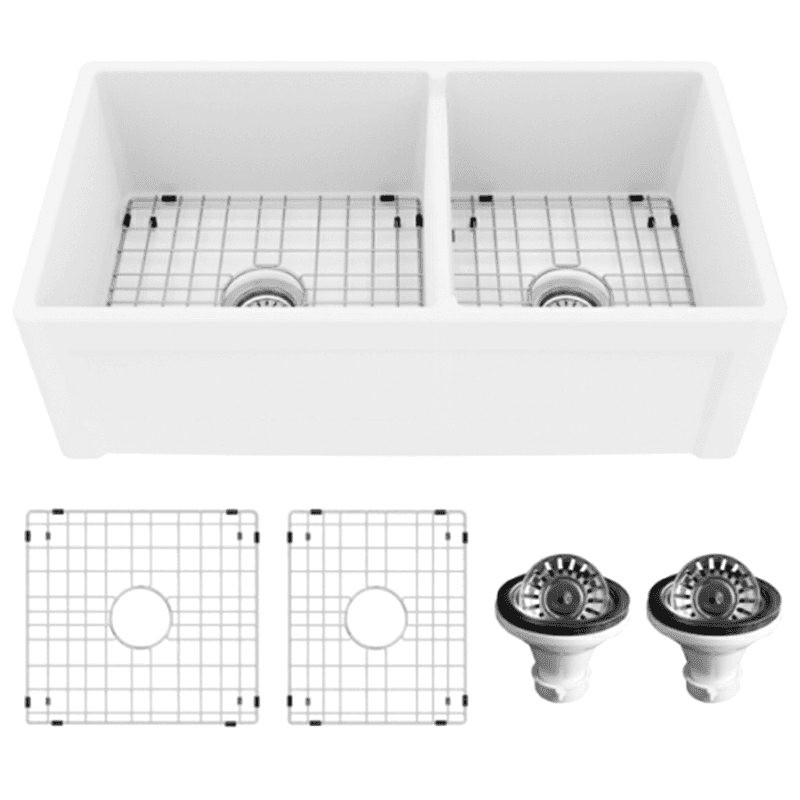 Fireclay Double Bowl Panel Front Farmhouse Kitchen Sink Kit with Reversible Apron Front, 33" x 18" x 10", White Main - Image