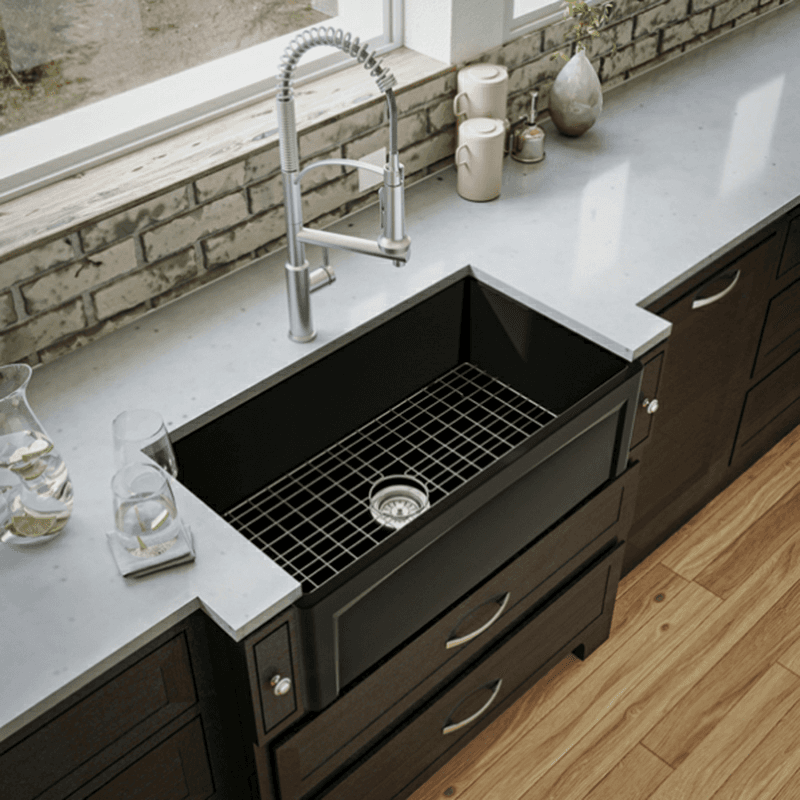 Fireclay Single Bowl Panel Front Farmhouse Kitchen Sink Kit with Reversible Apron Front, 33" x 18" x 10", Matte Black Alt 1 - Image