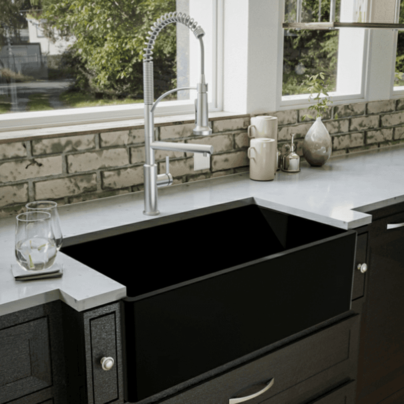 Fireclay Single Bowl Panel Front Farmhouse Kitchen Sink Kit with Reversible Apron Front, 33" x 18" x 10", Matte Black Alt 2 - Image