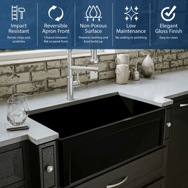 Fireclay Single Bowl Panel Front Farmhouse Kitchen Sink Kit with Reversible Apron Front, 33" x 18" x 10", Matte Black Alt 5 - Image