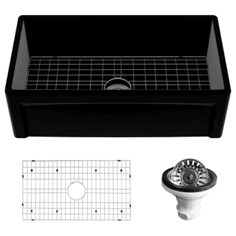 Fireclay Single Bowl Panel Front Farmhouse Kitchen Sink Kit with Reversible Apron Front, 33" x 18" x 10", Matte Black Main - Image