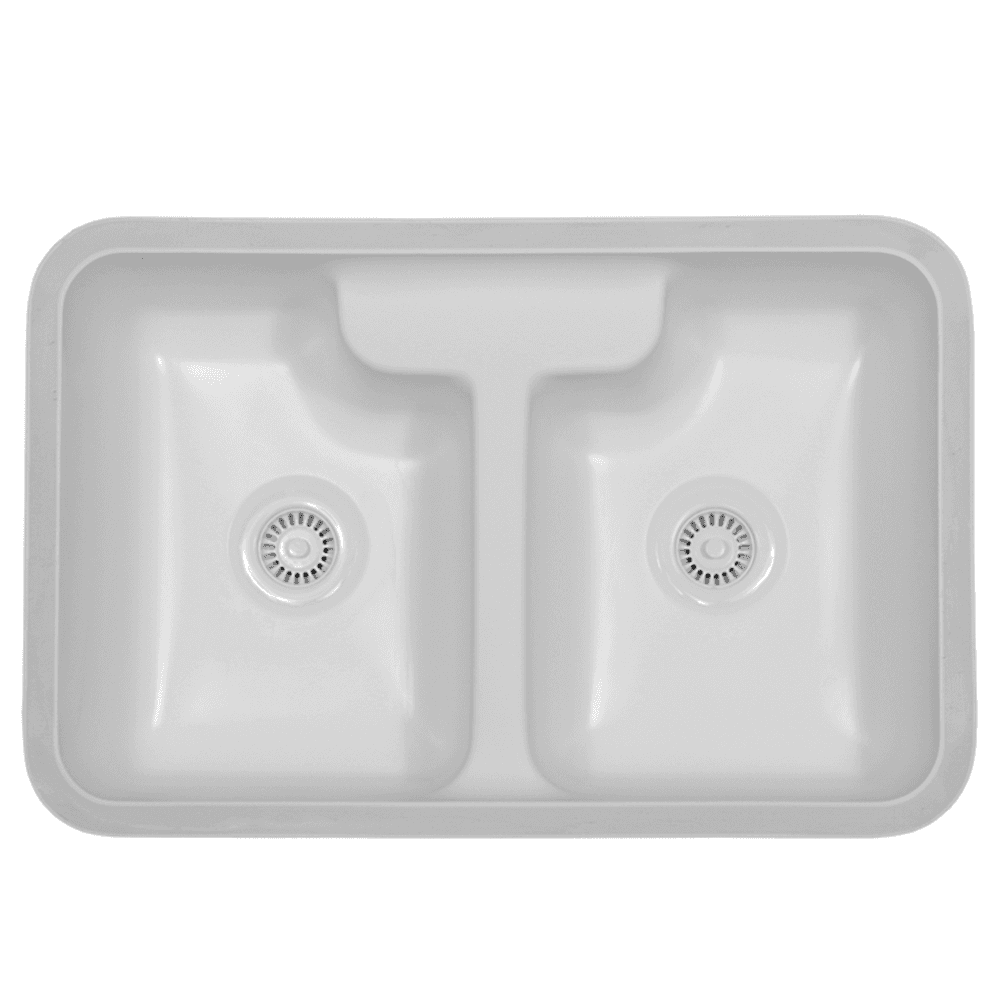 Karran Hampton Acrylic Undermount Double Bowl Kitchen Sink in White, 31-3/4" x 20-3/4" x 8-3/4" - Front view