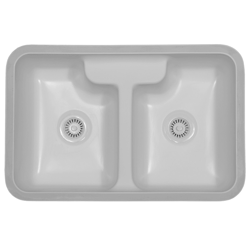 Karran Hampton Acrylic Undermount Double Bowl Kitchen Sink in White, 31-3/4" x 20-3/4" x 8-3/4" - Angled view