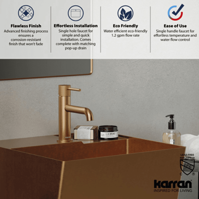 Tryst Single-Handle Single Hole Basin Bathroom Faucet with Matching Pop-up Drain, Brushed Copper Alt 5 - Image