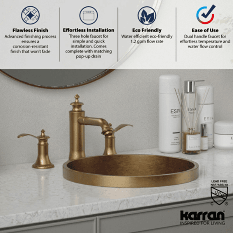 Vineyard Double-Handle Three Hole Widespread Bathroom Faucet with Matching Pop-up Drain, Brushed Copper Alt 5 - Image