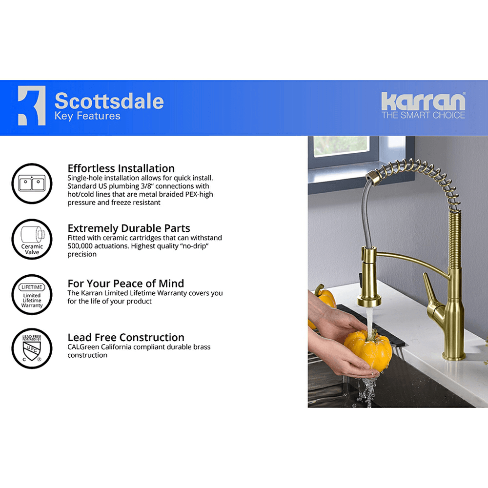 Multi-plated corrosion-resistant finish on Karran Scottsdale pull-down kitchen faucet