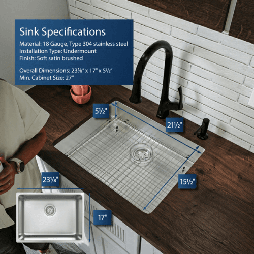 Novaro Stainless Steel Undermount 18G Single Bowl Kitchen Sink, 23-1/8" x 17" x 5-1/2" Alt 9 - Image